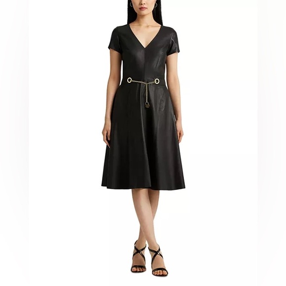 Lauren Ralph Lauren Stretch Lambskin Dress Gold Belted Fit & Flare Black 4 NWT - Picture 1 of 8